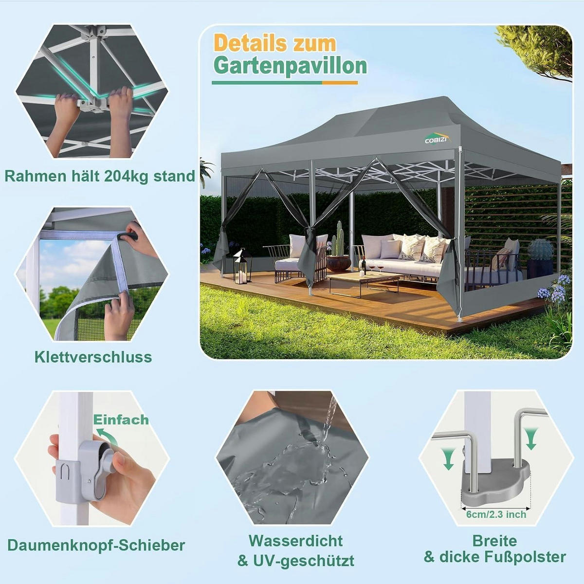 FALTPAVILLON 3 x 6 m mit Moskitonetz Grau - Grau, Textil (300/275/600cm)