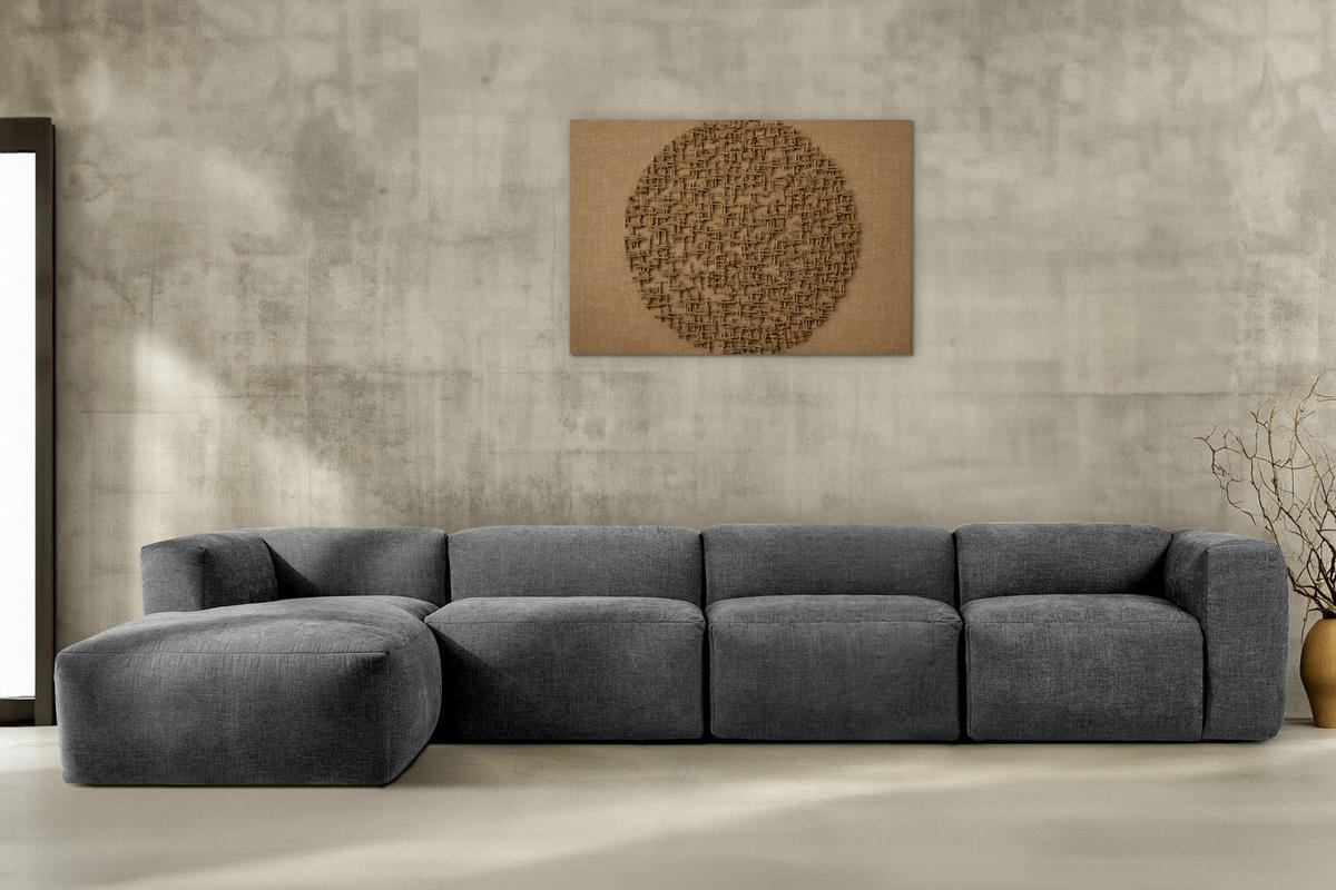 ECKMODULSOFA-LINKS BUFFO 6-Sitzer mit extrem weicher Sitzfläche, Gewebestoff, aschfahl - Grau, Textil (377/180cm) - KONSIMO®