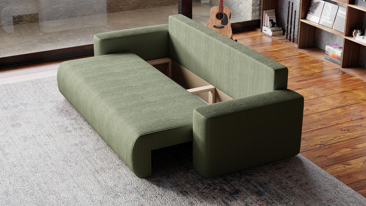 SOFA Bubi mit Bettkasten und Schlaffunktion, Cordstoff - Salbeigrün, Holzwerkstoff (242/85/95cm)