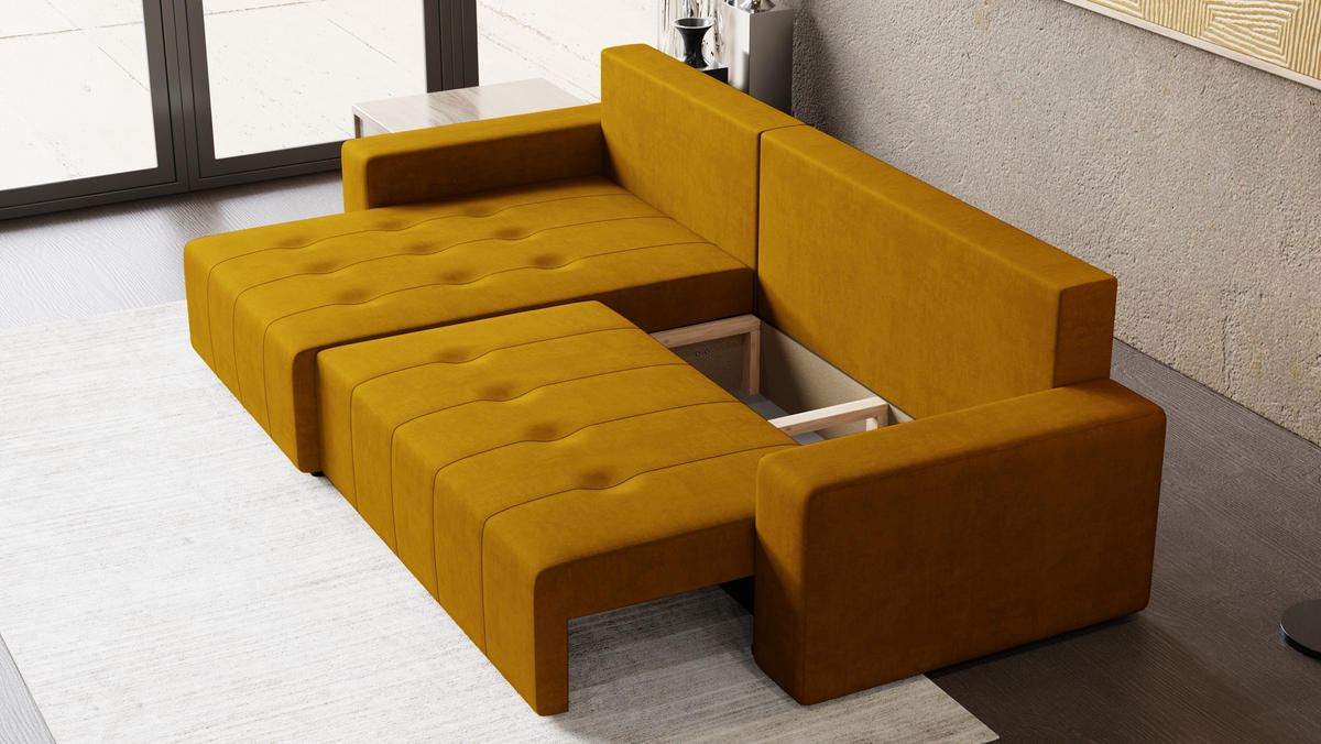 ECKSOFA Tico mit Bettkasten und Schlaffunktion, L-Form/XL-Form, Velourstoff, Universal - Currygelb, Holzwerkstoff (276/145cm) - 4ALL HOME