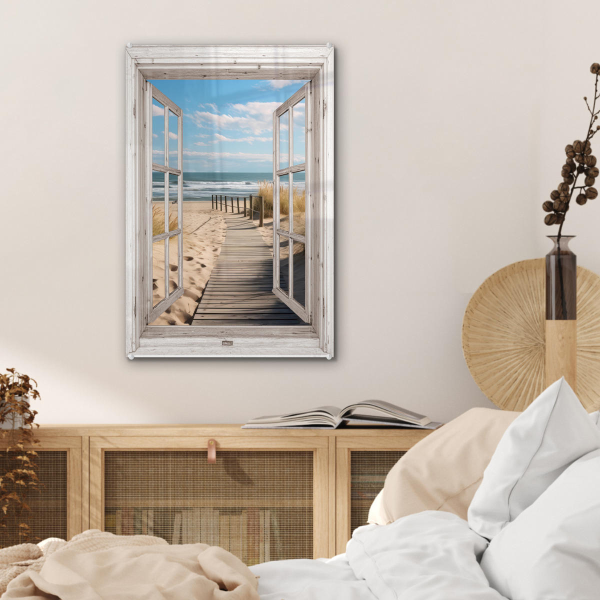 ACRYLGLASBILD Fenster - Meer - Küste - Natur - Ausblick - Strand - Wattenmeer 40x60 cm - Beige, Glas (40/60cm) - MuchoWow