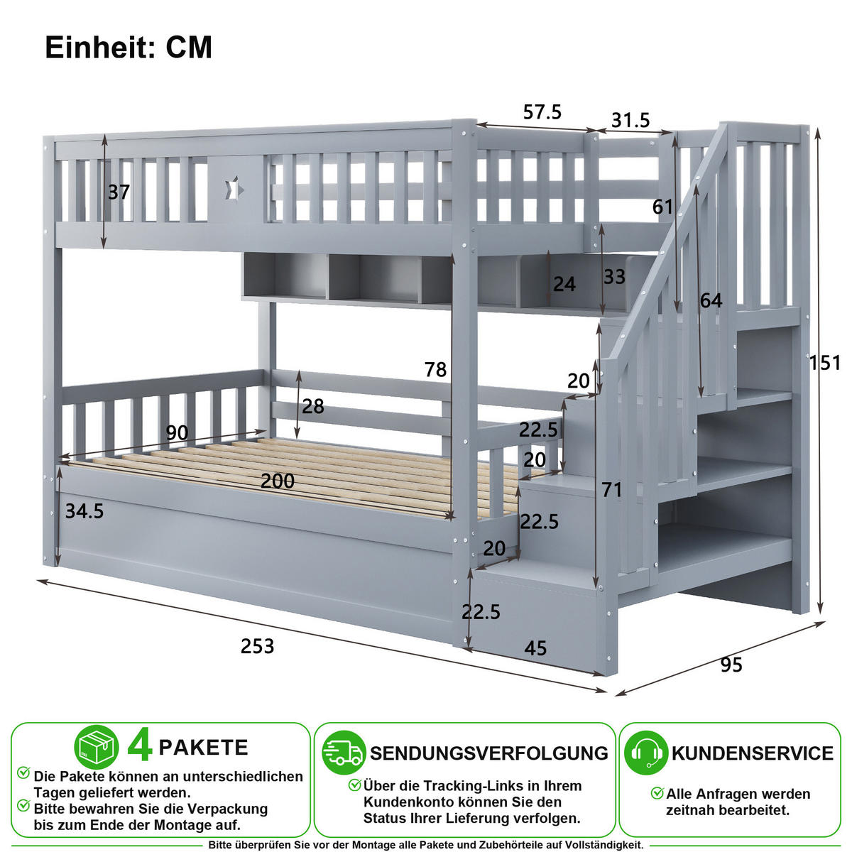 HOCHBETT 90/200 cm in Grau mit Stauraumtreppe, Regal und Hydraulik-Stauraum - Grau, Holz/Holzwerkstoff (90/200cm) - CHICFURN