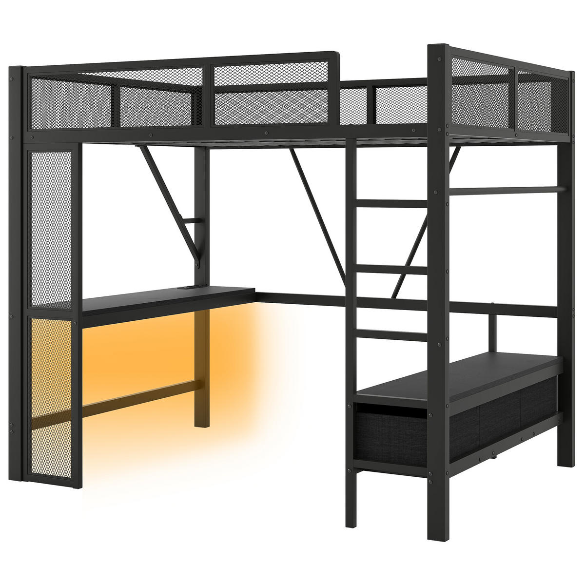 HOCHBETT 140/200 cm schwarz aus Metall mit LED und Schreibtisch - Schwarz, Holzwerkstoff (140/200cm) - OKWISH