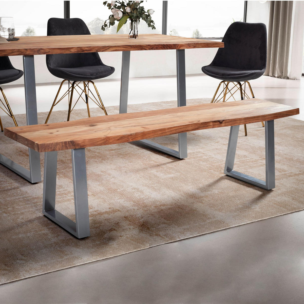 ESSZIMMERBANK Massivholz Metall Baumkante Chromgestell, Akazie 140x40x46 cm - Silberfarben/Braun, Holz/Metall (140/46/40cm) - KADIMA DESIGN
