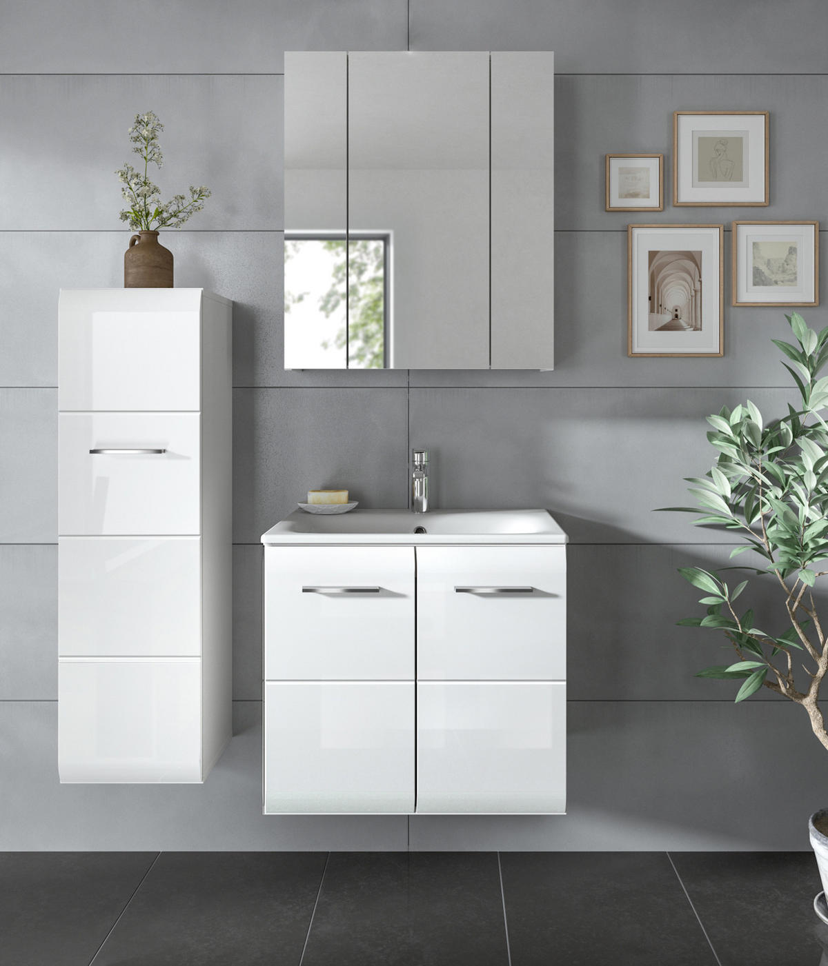 BADMÖBEL SET 3-teilig weiß Hochglanz 105 cm, Badkombination inklusive Waschbecken - Weiß Hochglanz/Silberfarben, Holzwerkstoff/Kunststoff (105/185/46cm) - Inn.Furn