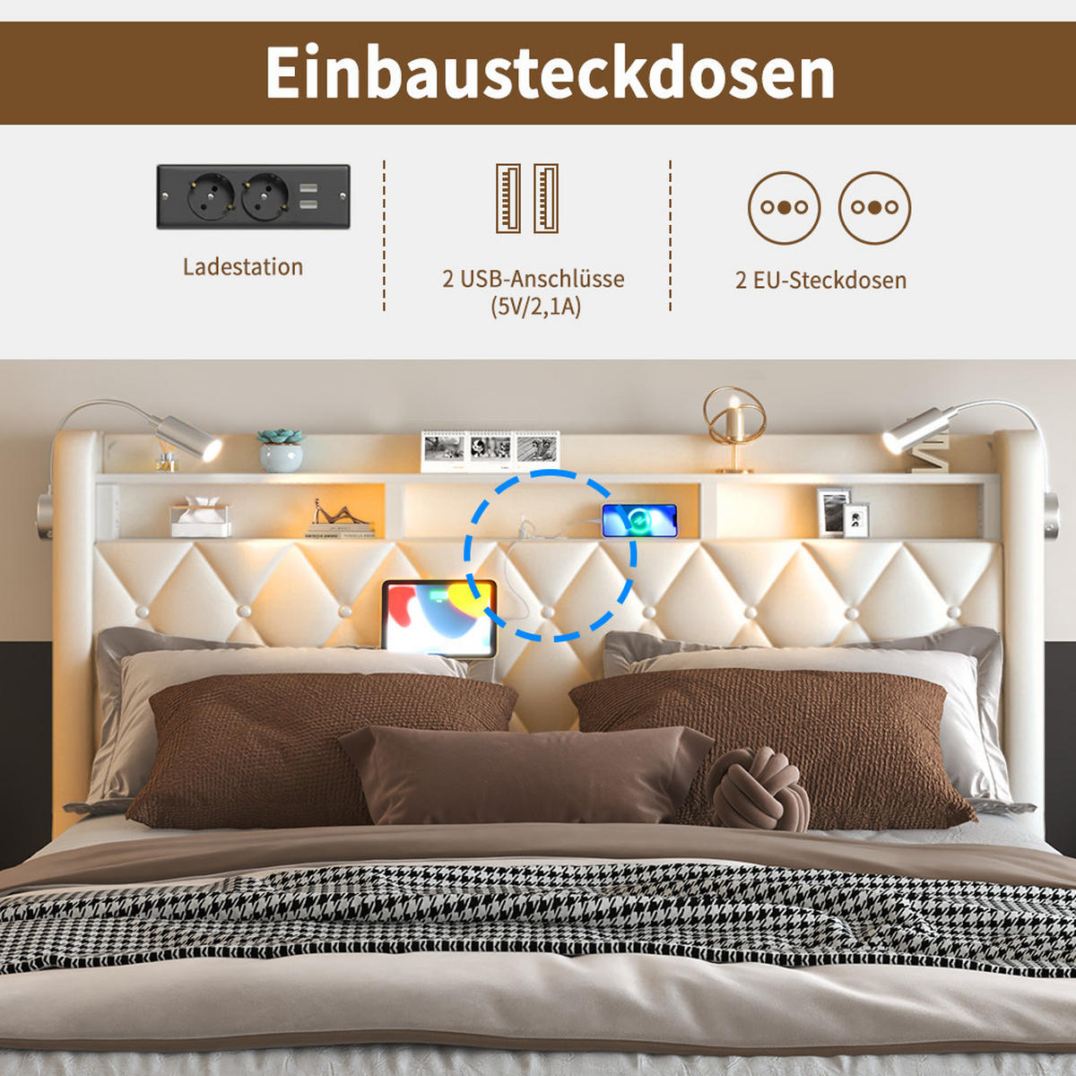 POLSTERBETT 140x190 CM mit LED und USB C- Bettgestell mit Hydraulischem und PU Kopfteil Stauraum, mit 2 Leselampe,2 Personen,Beige,PU - Beige, Metall