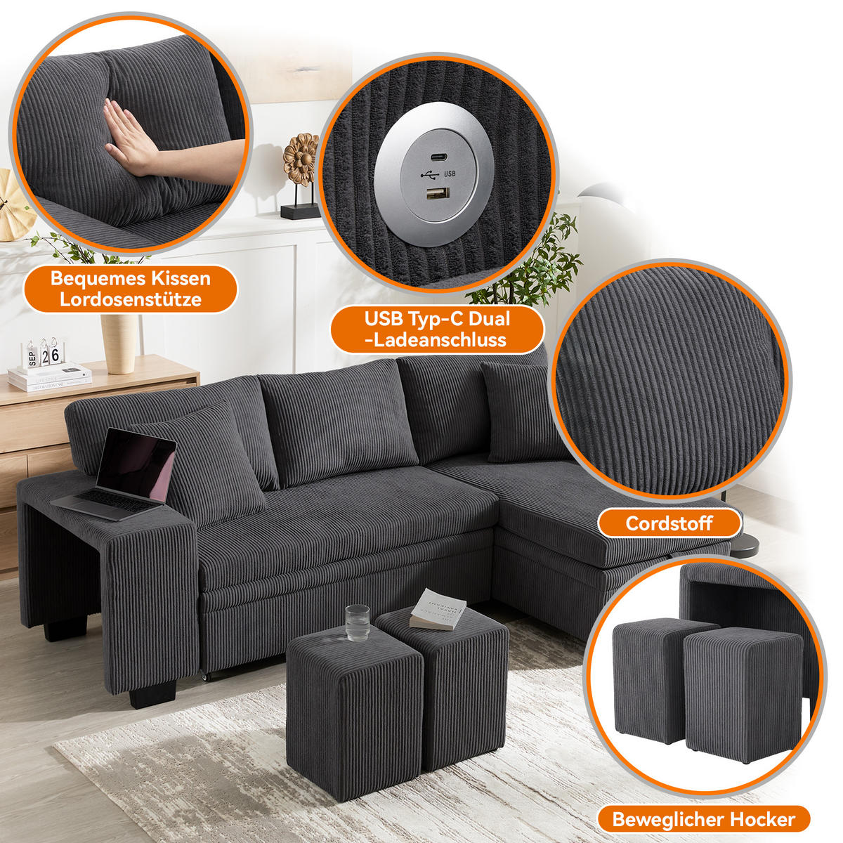 KLAPPSOFA L-Form 3-Sitzer Umbau mit USB-Ladung & Ablage Stauraum Grau - Grau, Holz (73/51.49/53.98cm) - FLIEKS