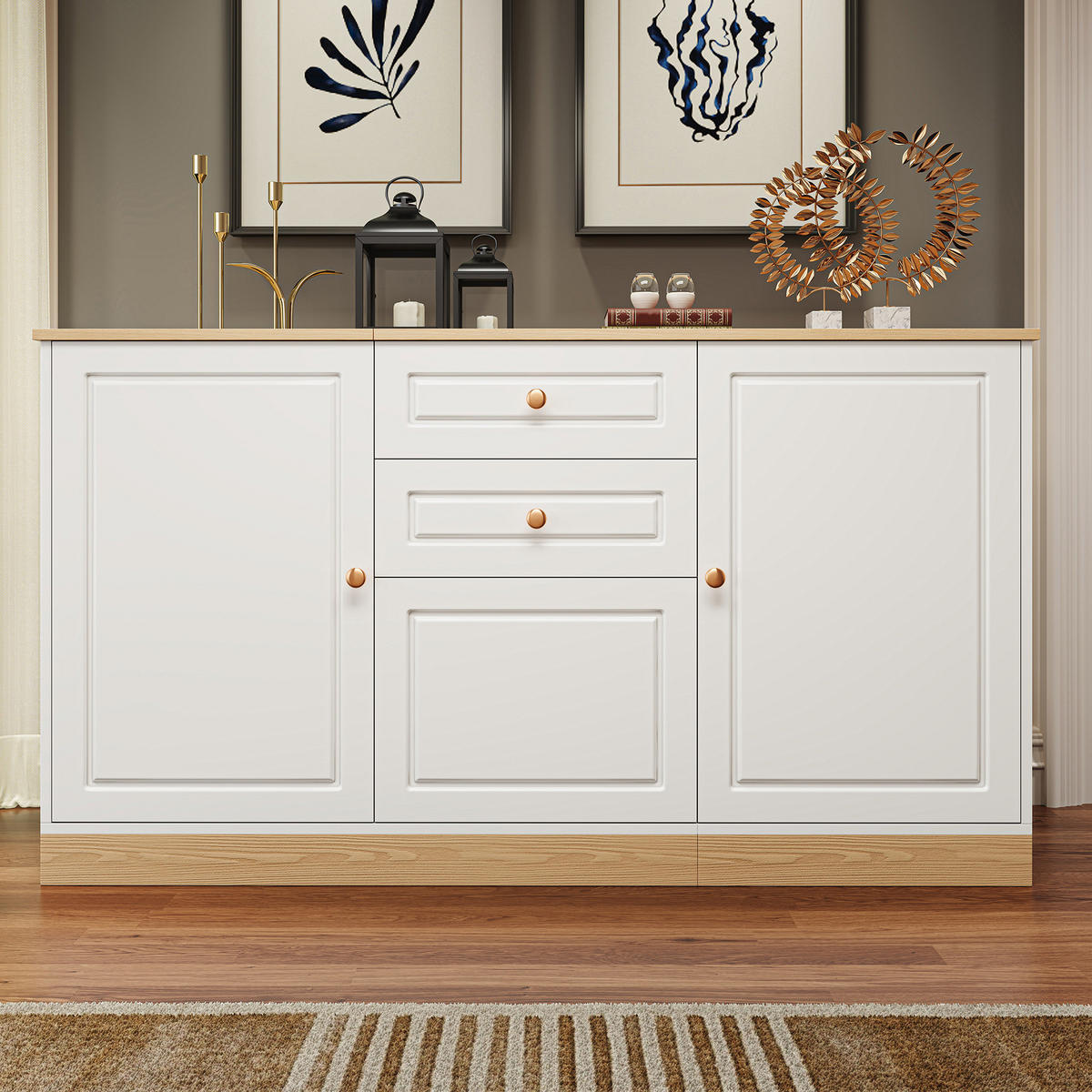 SIDEBOARD in Weiß Kommode mit 3 Türen, viel Stauraum und Doppelschubladen für Wohn- und Esszimmer, B135.5/T39/H76cm - Weiß, Holzwerkstoff/Metall (135.5/76/39cm) - STILVORA