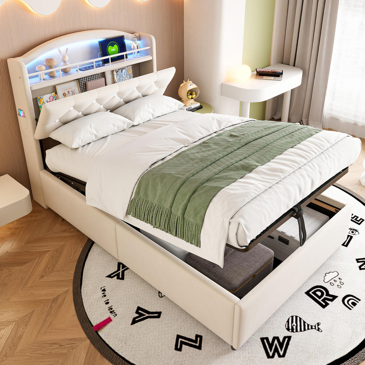 BETT mit Stauraum 90x200 cm Samt Beige mit LED und USB - Beige, Metall (90/200cm) - Meubliv