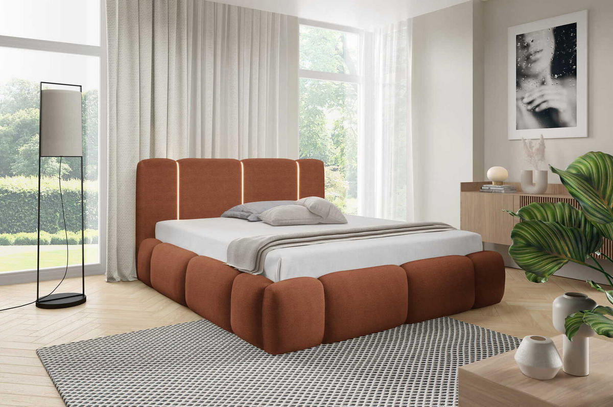 DOPPELBETT 140x200 Avelin mit Bettkasten, LED, Bouclé, Orange - Orange, Holz/Metall (140/200cm) - Emporius