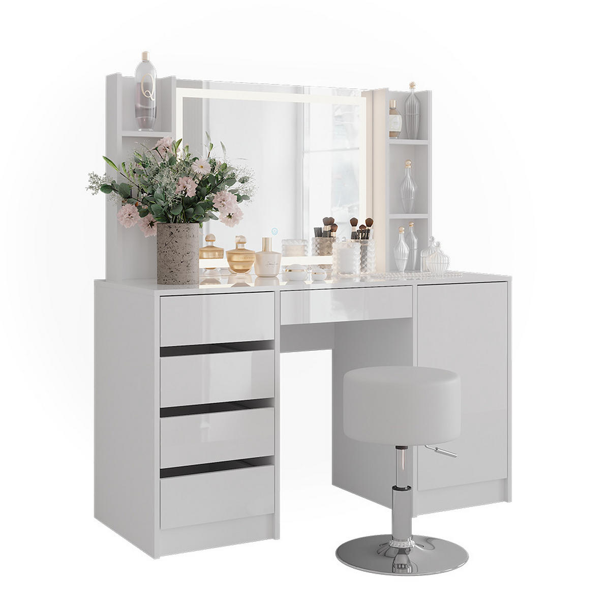 SCHMINKTISCH Sherry Weiß/Weiß Hochglanz 128.2 cm 5 Teile - Weiß Hochglanz, Holzwerkstoff (128.2/76/50.1cm) - Vicco