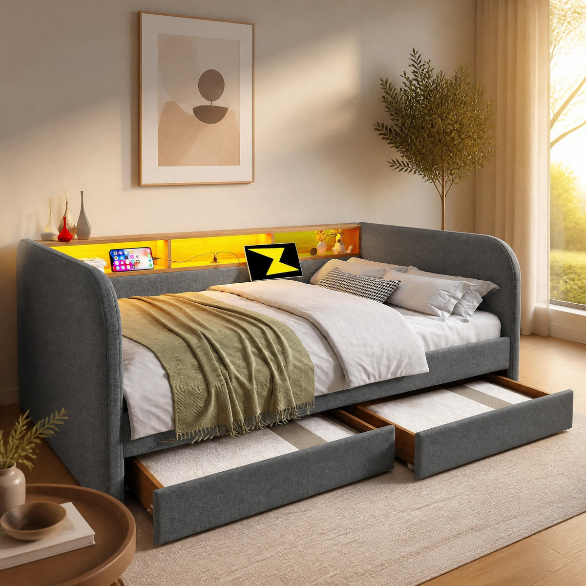 POLSTERBETT 140/190 mit LED, USB-C und USB, 2 Schubladen sowie Stauraum-Kopfteil mit Leinenbezug in Grau - Grau, Holzwerkstoff/Textil (140/190cm) - EVRYAE