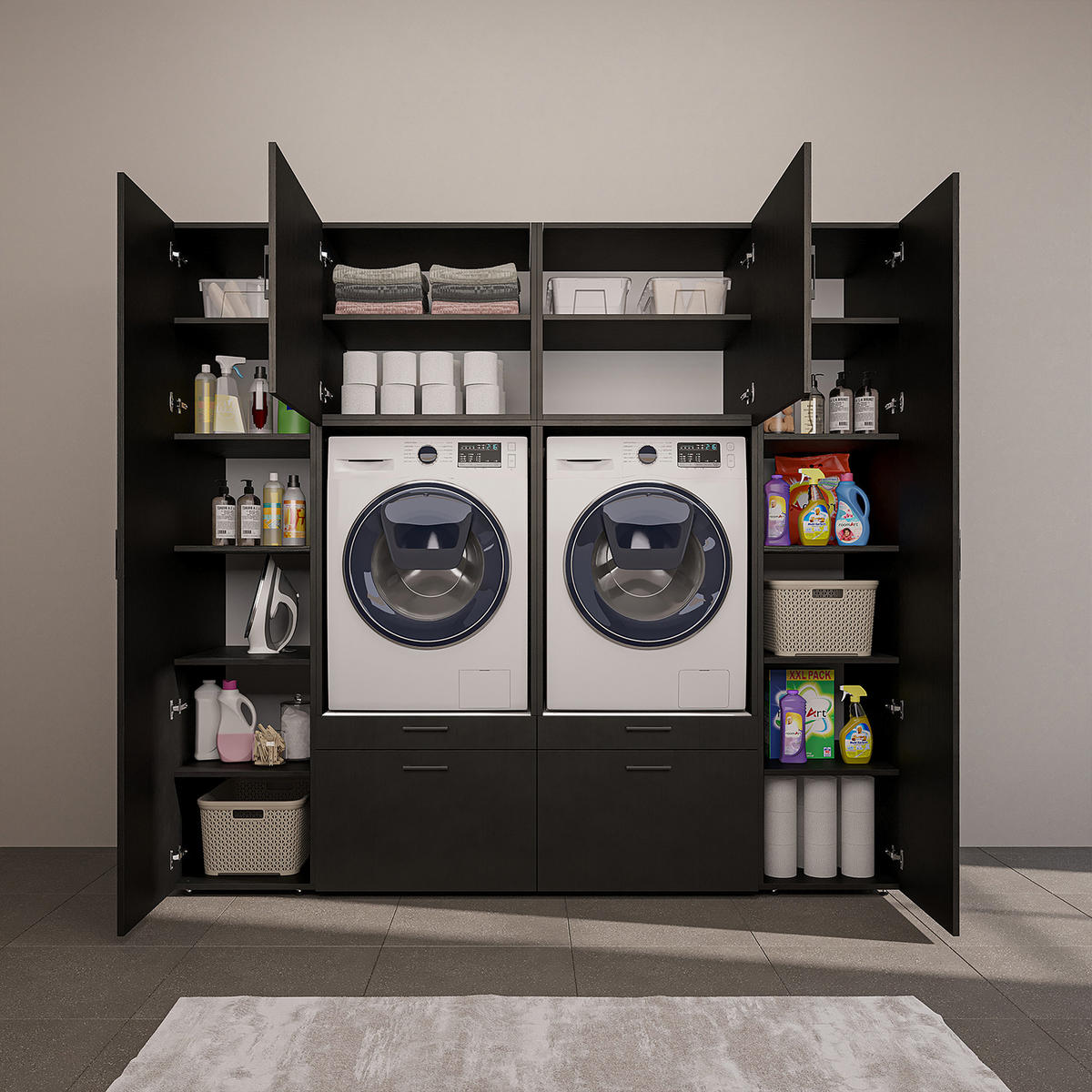WASCHMASCHINENSCHRANK Serie 2 224cm Breit, 205cm Hoch - Schwarz, Holzwerkstoff (224/205/67cm)