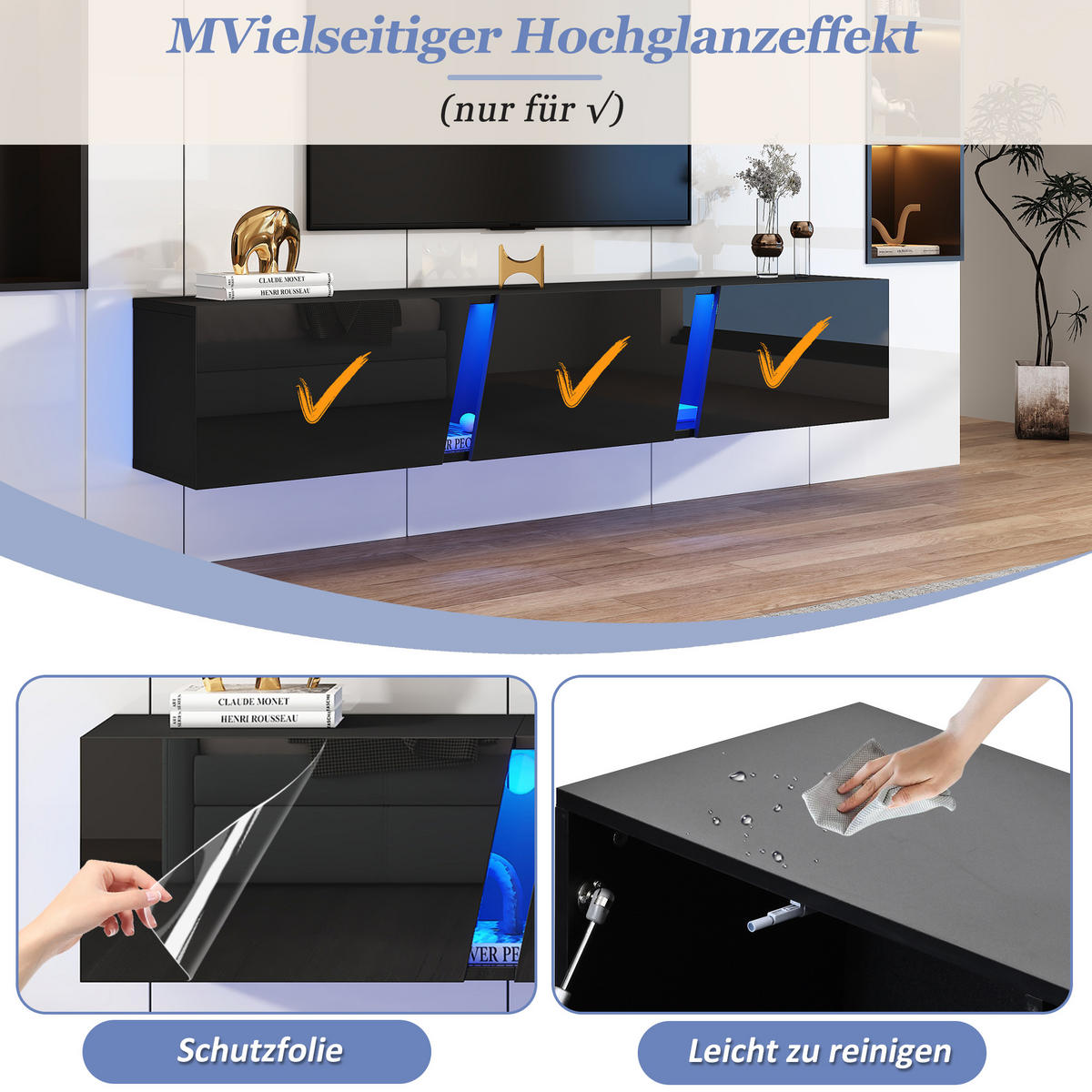 TV-SCHRANK Wandmontiert LED Hochglanz 3 Türen Schwarz - Schwarz, Holzwerkstoff (180/30/35cm) - FLIEKS