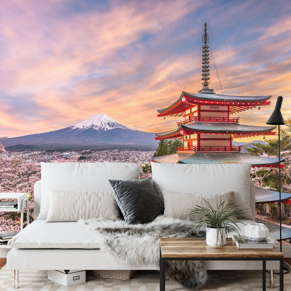 FOTOTAPETE für Wohnzimmer Japanische Pagode Frühling Sonnenuntergang 150x105 - Rot/Violett, Papier (150/105cm) - Muralo