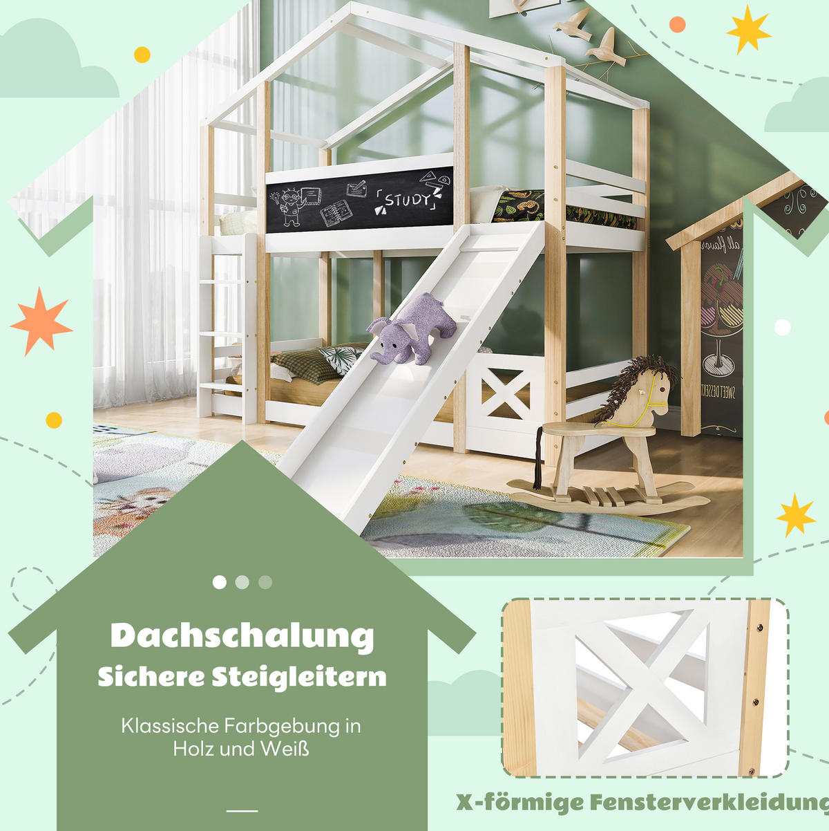 ETAGENBETT 90/200 cm in Weiß aus Kiefer mit Rutsche und Leiter - Weiß, Holz (90/200cm) - OKMYHOME