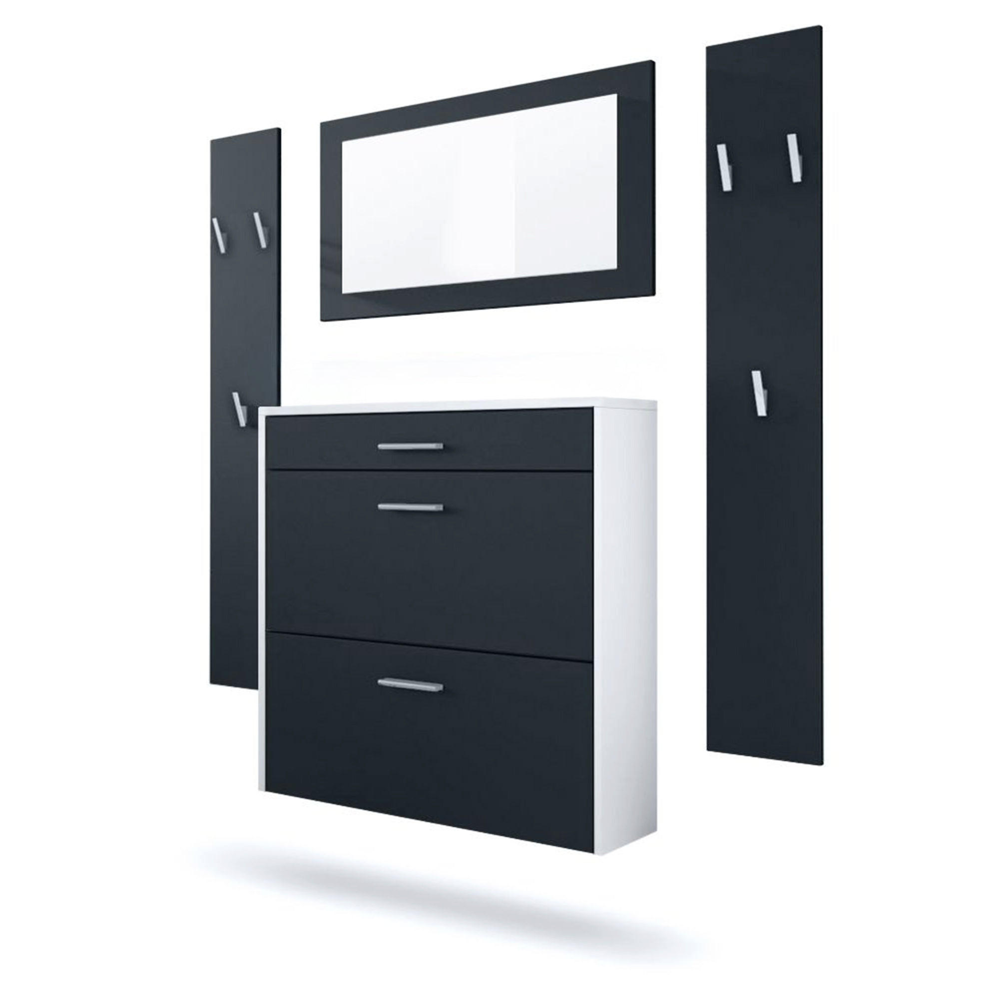 GARDEROBEN-SET Roma Air 4-teilig, Moderne Flurgarderoben Set mit Schuschrank, 2 Wandpaneele und Wandspiegel, Weiß matt/Schwarz Matt - Schwarz, Holzwerkstoff (190/200/23cm) - InnoFurn