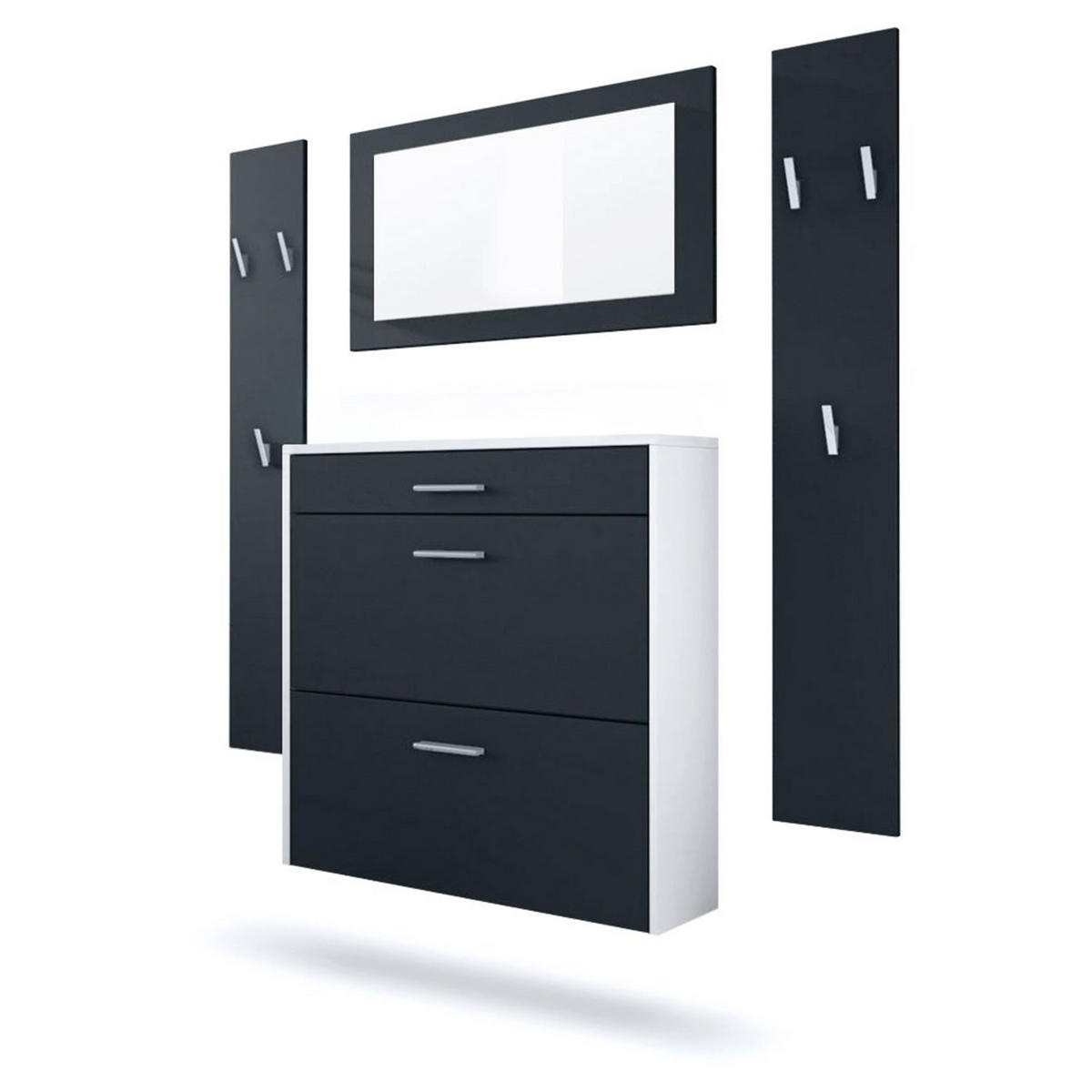 GARDEROBEN-SET Roma Air 4-teilig, Moderne Flurgarderoben Set mit Schuschrank, 2 Wandpaneele und Wandspiegel, Weiß matt/Schwarz Matt - Schwarz, Holzwerkstoff (190/200/23cm) - InnoFurn