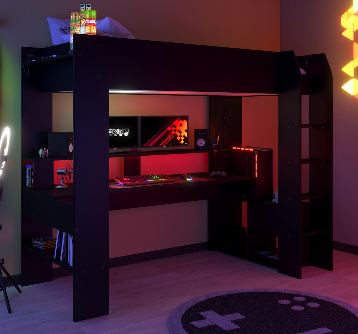 HOCHBETT Jugendzimmer mit Schreibtisch Bett 90x200 cm inkl. LED - Schwarz, Holz/Holzwerkstoff (90/200cm) - Parisot Meuble