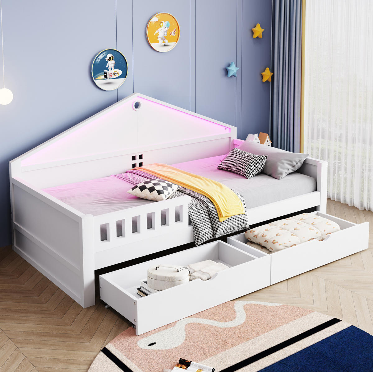 KINDERBETT 90/200 cm in Weiß mit 2 Schubladen und LED-Lichtleiste - Weiß, Holz (90/200cm) - BEAOK