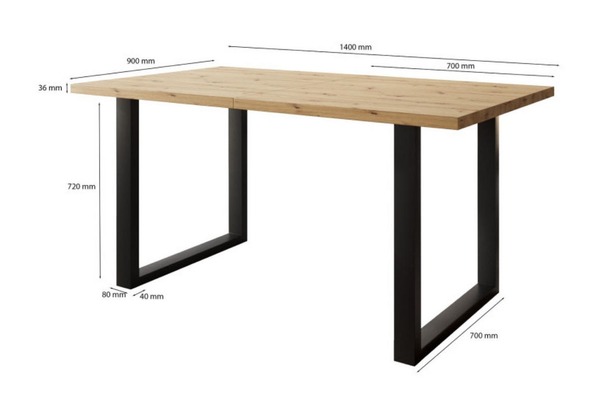 TISCH Schwarz SOFTI U Loftowy Nicht Ausziehbar 140x90 cm - Schwarz/Eiche Artisan, Holzwerkstoff (90/90/75.6cm) - Sepro Meble