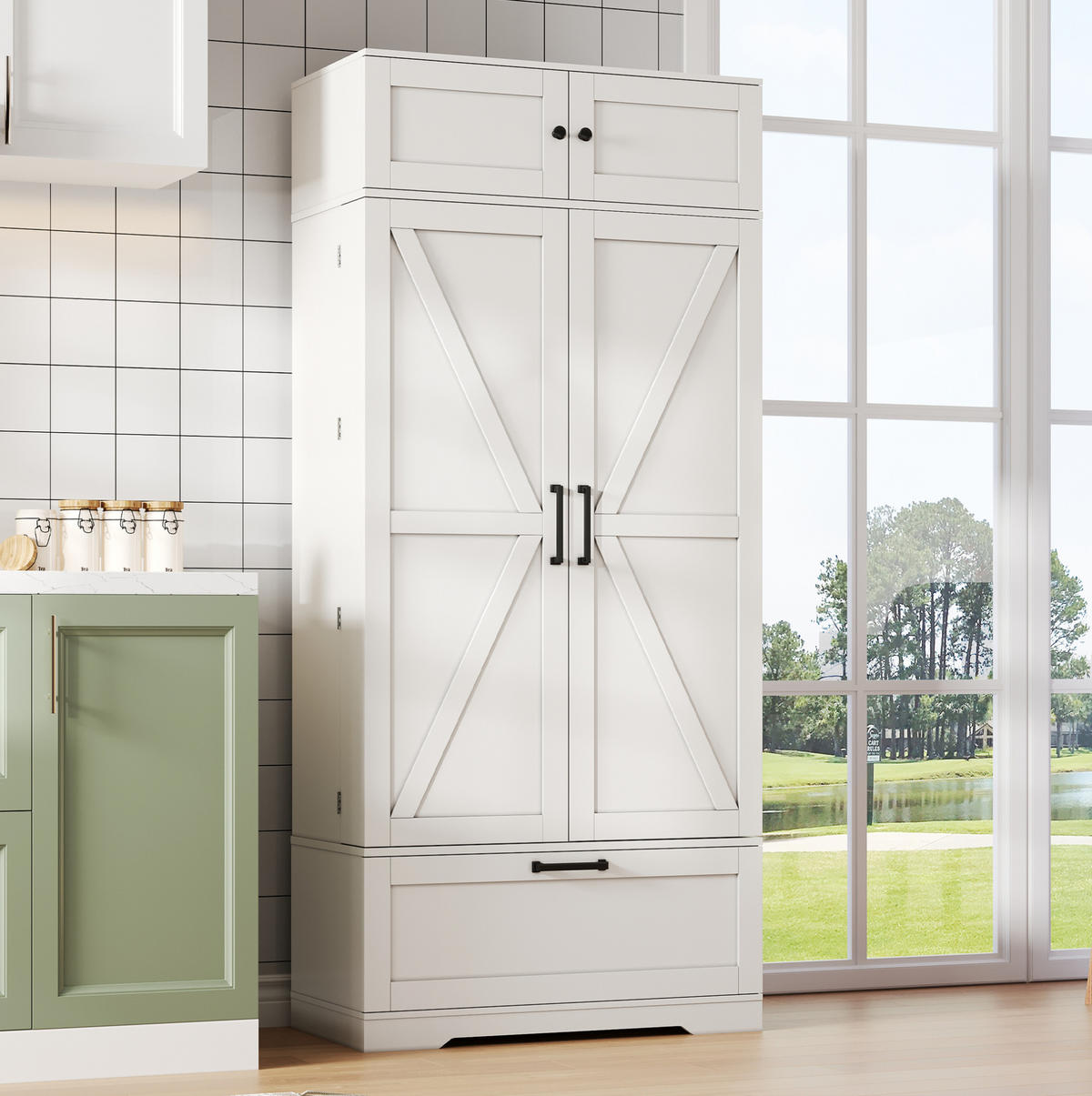 BUFFET 80/40/180 cm aus MDF mit Weinregal und verstellbaren Einlegeböden Weiß - Weiß, Holzwerkstoff (80/180/40cm) - Modenvie