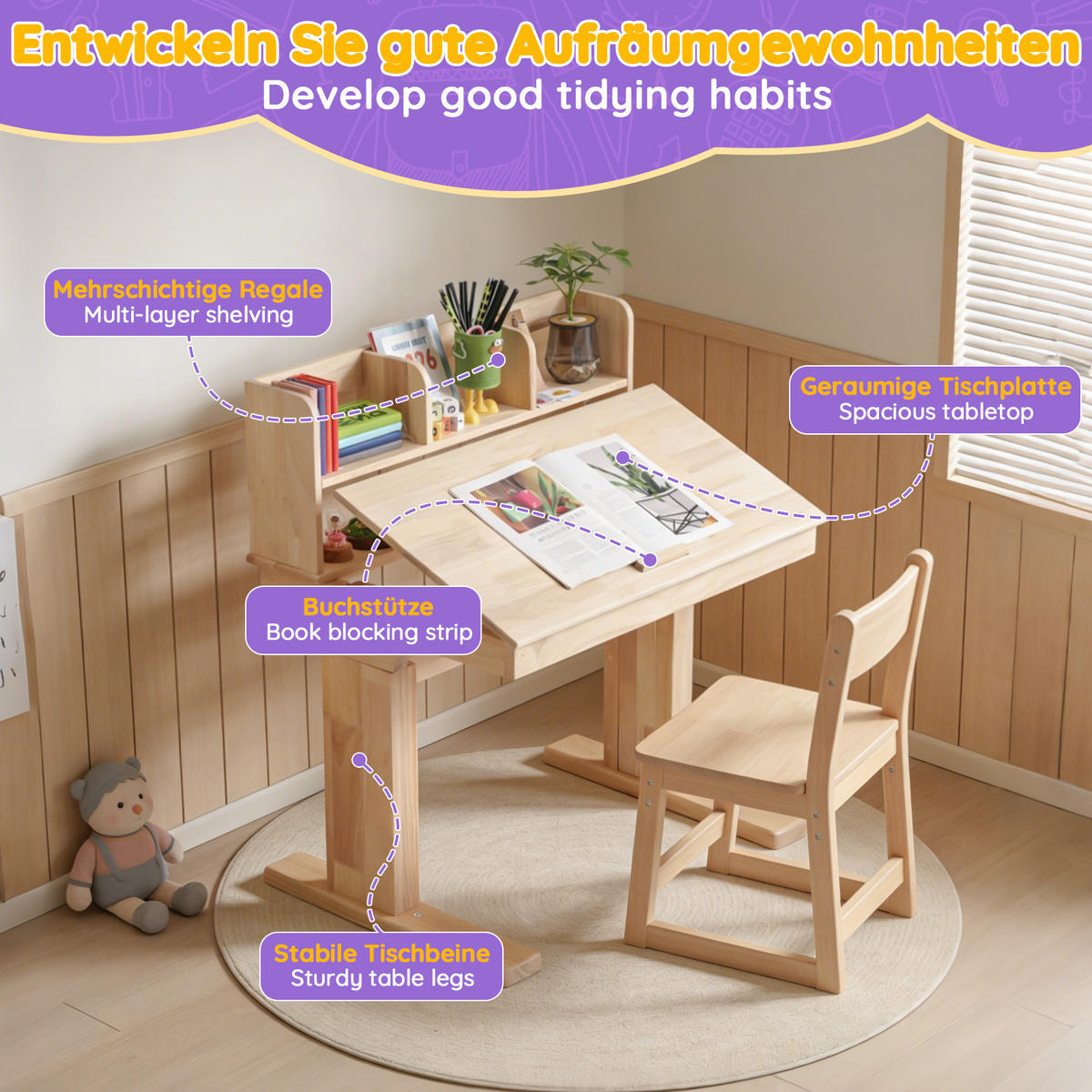 SCHREIBTISCH Naturfarben 92/60/89 cm höhenverstellbar Massivholz - Naturfarben, Holz (60/92/89cm) - PANGIVO