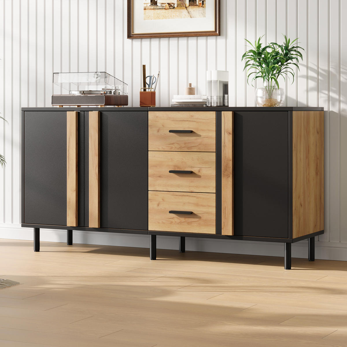 SIDEBOARD 140/35/70 cm mit 3 Türen, 3 Schubladen und Metallbeinen in Schwarz-Naturholzoptik - Schwarz/Naturfarben, Holzwerkstoff (140/70/35cm) - CHICFURN