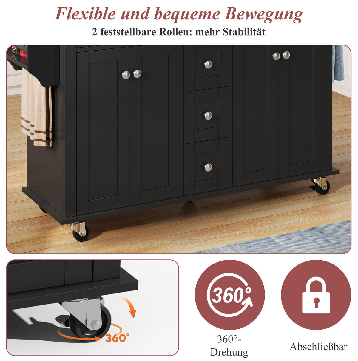 KÜCHENINSEL 140/89/40 cm Schwarz/Natur aus MDF mit ausklappbarer Arbeitsplatte - Schwarz, Holzwerkstoff (65/89/140cm) - OKMYHOME