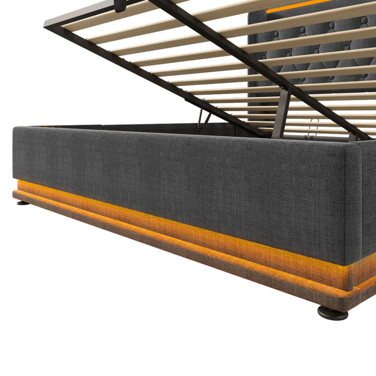 POLSTERBETT aus Leinen 160x200 cm Grau mit LED, USB-C, Stauraum und Matratze - Grau, Textil (160/200cm) - IVMEU