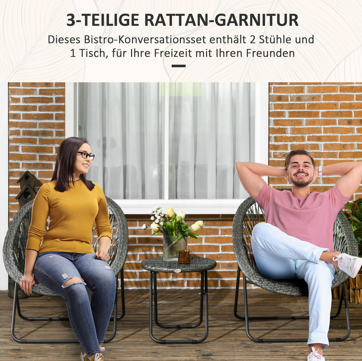 BALKONOVÝ set 76/77/78 cm šedý z umělého ratanu a oceli se skládacím stolkem a 2 židlemi - šedá, přírodní materiály (77/78/76cm) - OKWISH