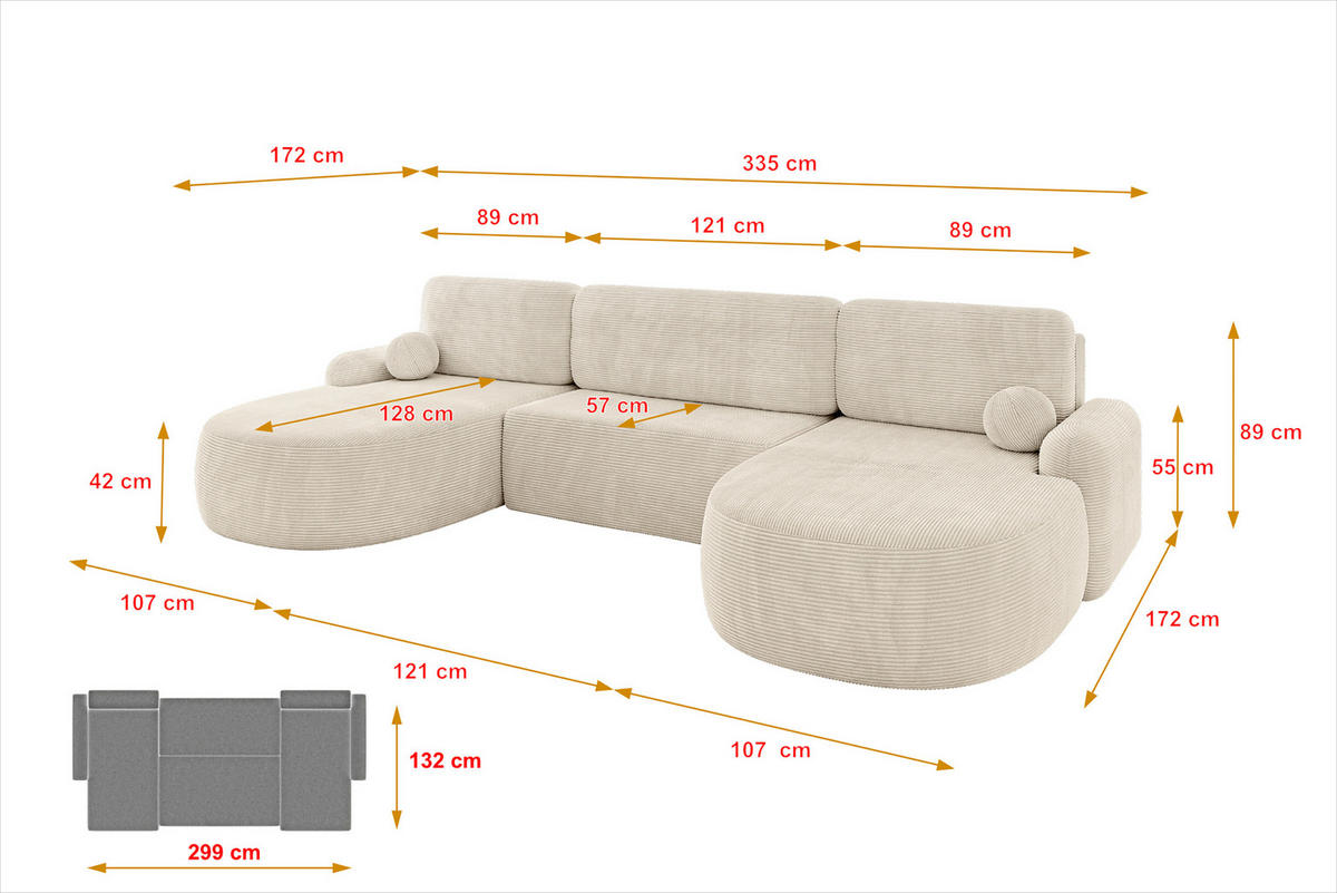 WOHNLANDSCHAFT mit Schlaffunktion und Bettkasten LIRA-U - 335x172x89 Beige - Sahara, Holzwerkstoff/Textil (335/89/172cm) - ALTDECOR