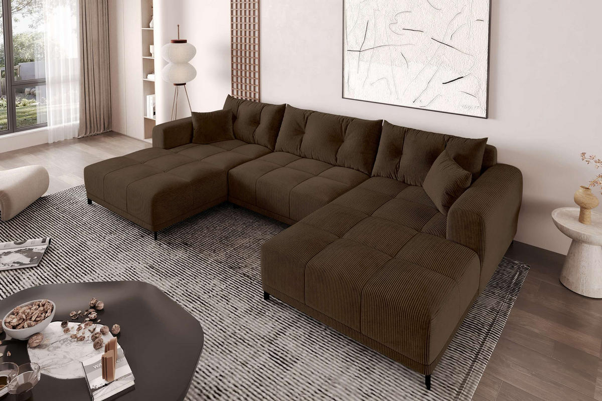 WOHNLANDSCHAFT Massimo Cordstoff Braun inkl. Schlaffunktion - Schwarz/Braun, Textil/Metall (356/94/181cm) - 99rooms