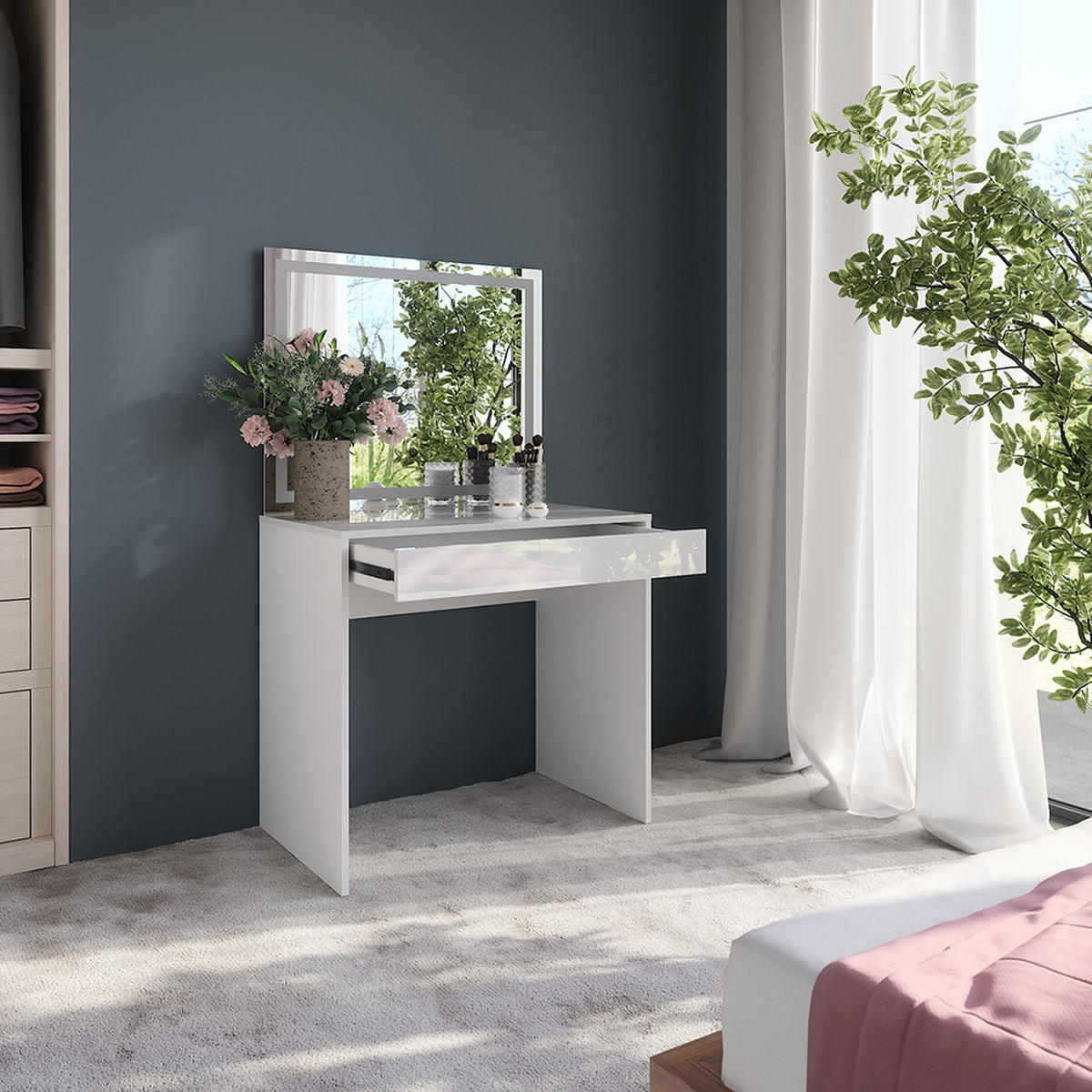 SCHMINKTISCH Sherry Weiß/Weiß Hochglanz 81.4 cm mit LED-Spiegel - Weiß Hochglanz, Holzwerkstoff (81.4/76/50.1cm) - Vicco