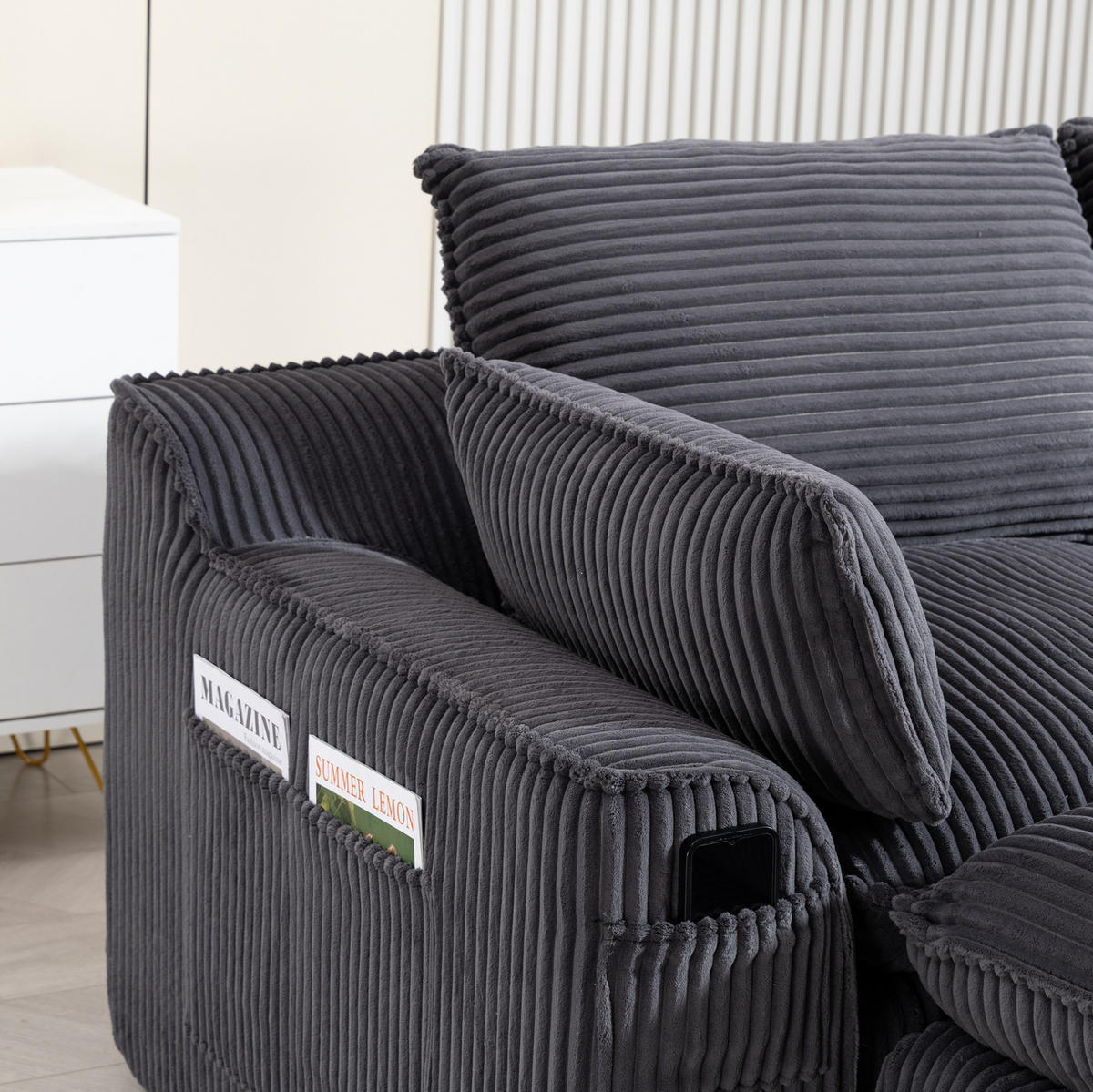 3-STIZER Sofa 263/167/85 cm frei kombinierbar mit Hocker, Seitentaschen und Federkern, Cord Dunkelgrau - Dunkelgrau, Textil (263/85/167cm) - Redom