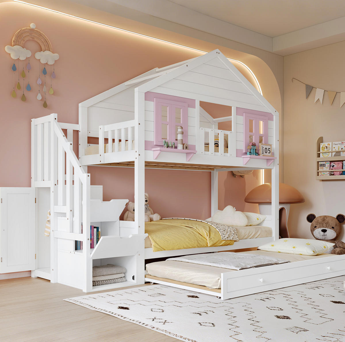 ETAGENBETT 90x200 cm in Weiß und Rosa mit Rollbett, Stauraumtreppe und Kleiderstange - Weiß, Holz (90/200cm) - IVMEU
