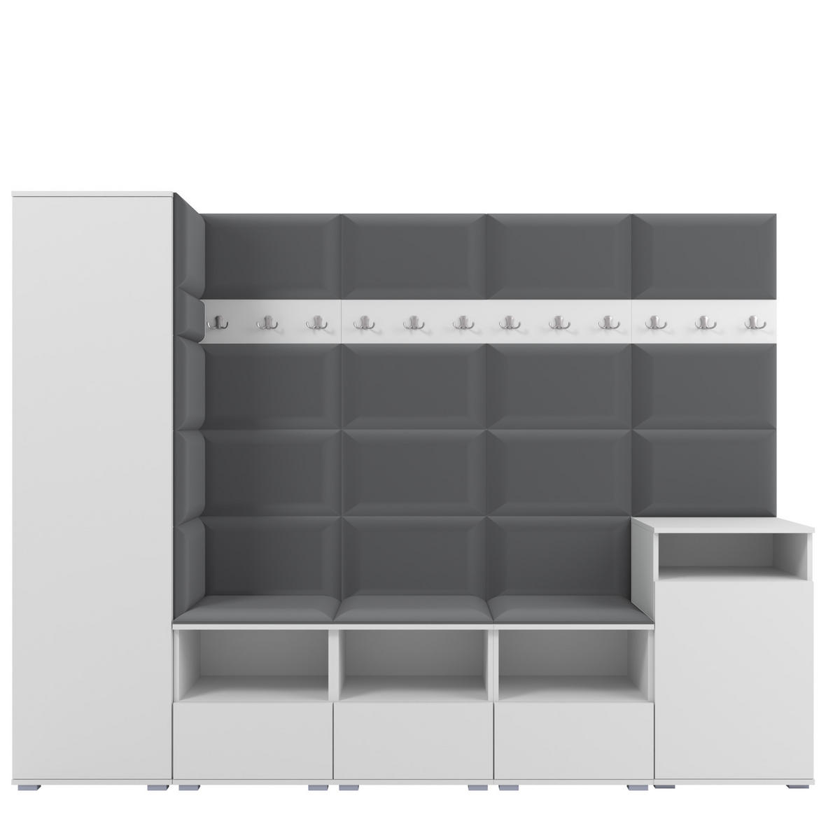 GARDEROBE NELA XI 250 cm (Modulare Flurmöbel Weiß mit Sitzpolster Dunkelgrau 15 Großes Set) - Dunkelgrau/Silberfarben, Holz/Holzwerkstoff (250/187/40cm) - Ravio