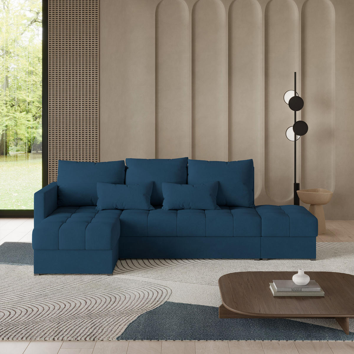 ECKSOFA LUMARI L-S Blau Plüsch-Stoff mit Schlaffunktion - Blau, Holz (262/143cm) - MASSENO