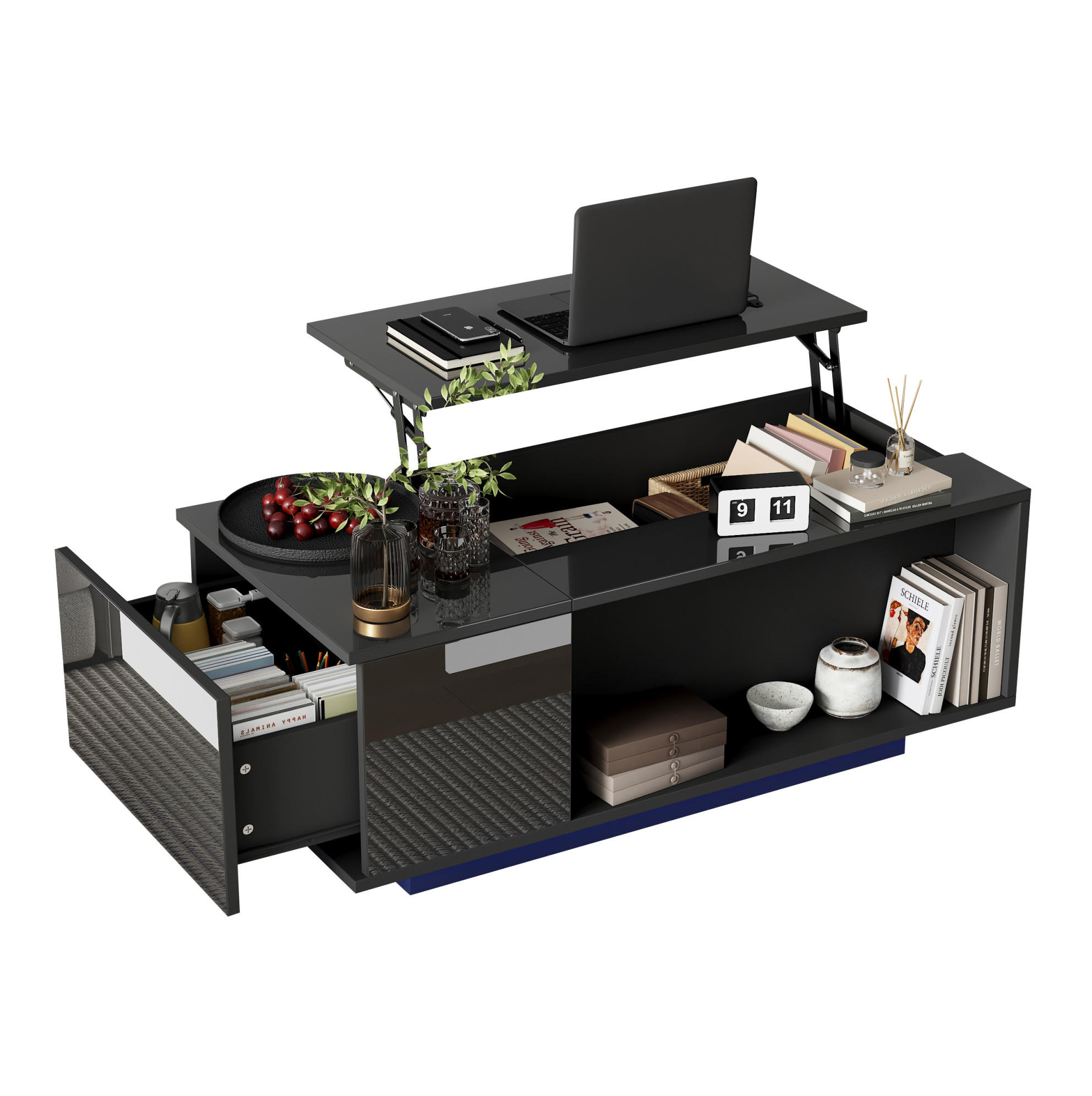 COUCHTISCH, Hochglanz-Spanplatte mit hydraulischem Hub, verstecktem Stauraum und LED, 100/50/40 cm, schwarz - Schwarz, Holzwerkstoff (100/50/40cm) - Redom