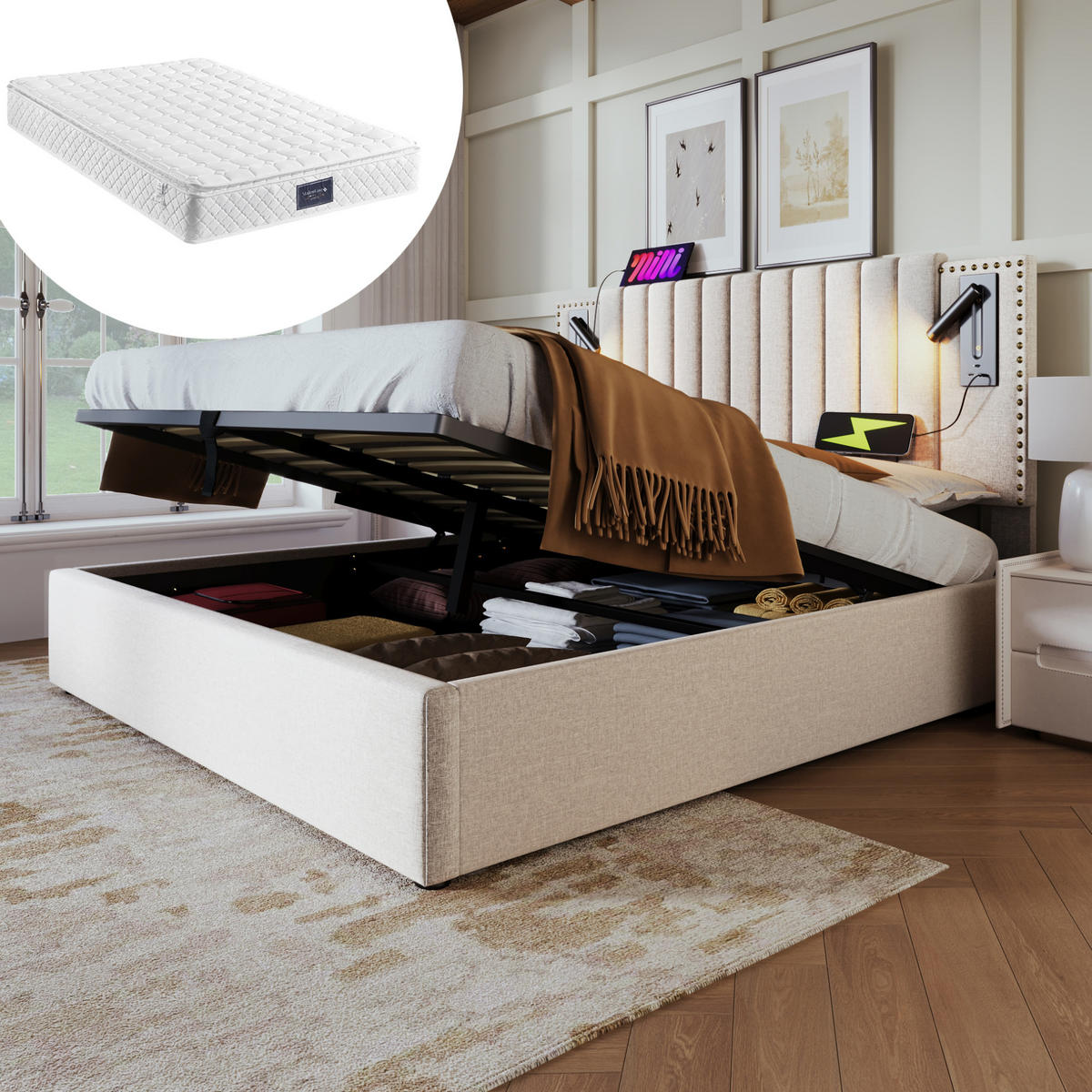 ČALÚNENÁ posteľ z bavlny 140x200 cm béžová s čítacím LED svetlom, USB-C a úložným priestorom - béžová, textil (140/200cm) - Modfu