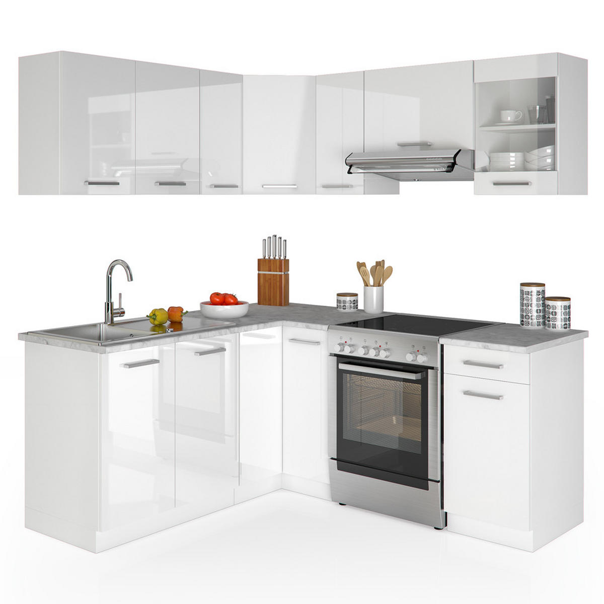 KUHINJA U OBLIKU SLOVA L Rick Bijela Sjajna / Bijela 187 x 60 +, RP mramor s LED trakama - bijela/bijela visoki sjaj, drvni materijal (187/81.6/60cm) - Vicco