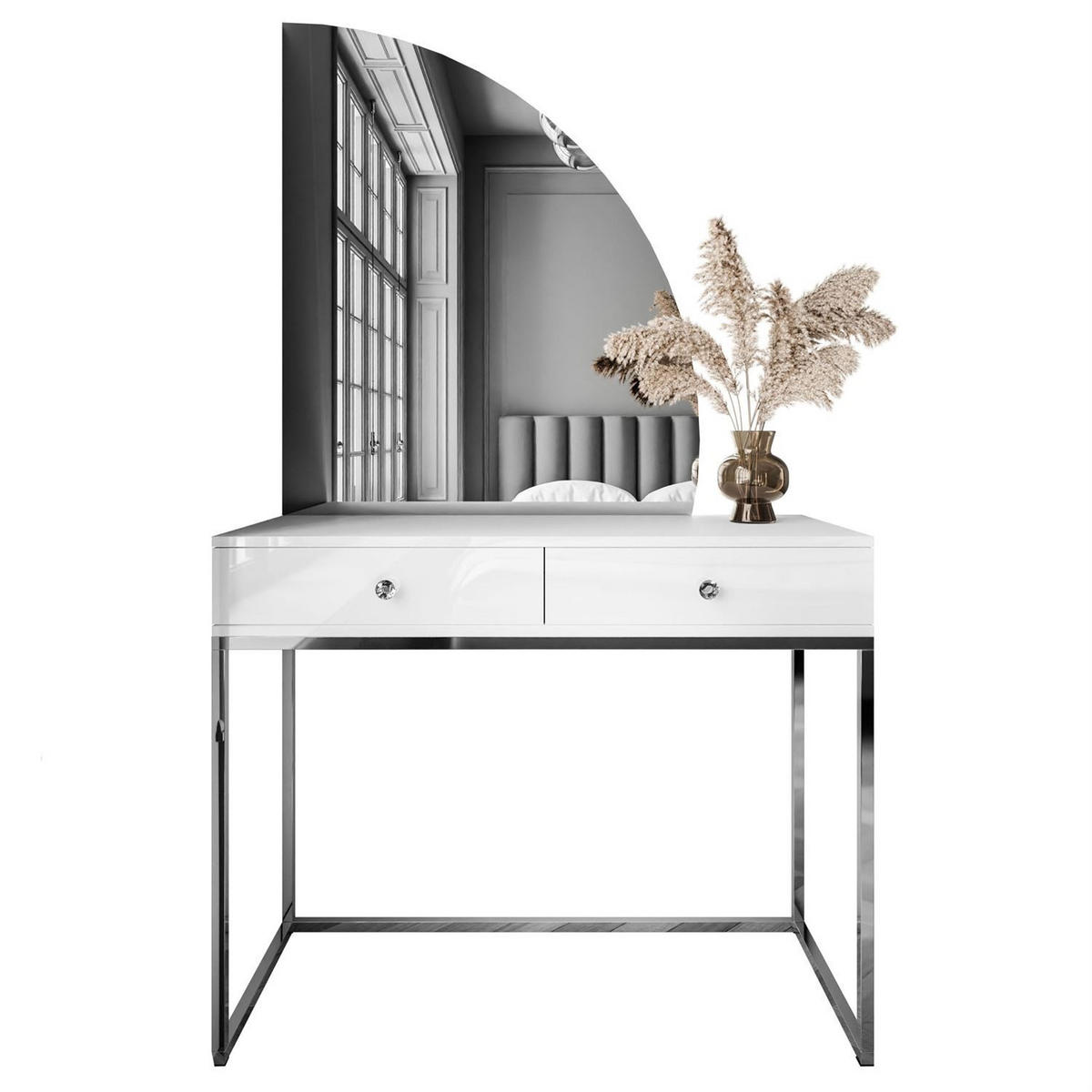 SCHMINKTISCH weiß QUINNIE GLAMOUR mit LED-Spiegel rechts Griff Kristall - Silberfarben/Weiß, Holzwerkstoff (100/176/42cm) - Lookway