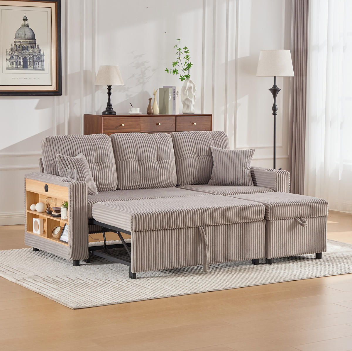SCHLAFSOFA 196/82-144/85 cm aus Cord mit Stauraum, USB-C und LED-Beleuchtung Hellgrau - Hellgrau, Textil (82/85/196cm) - Modenvie