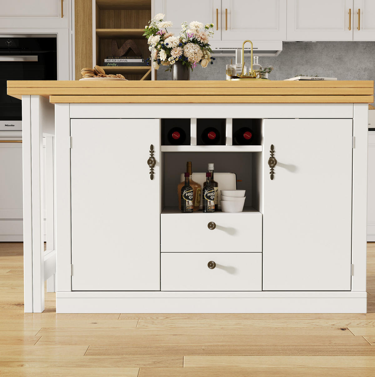 BARTISCH 120-180/40/76 cm ausziehbar mit Stauraum und 360°-Drehfunktion - Naturfarben, Holzwerkstoff (40/180/76cm) - BEAOK