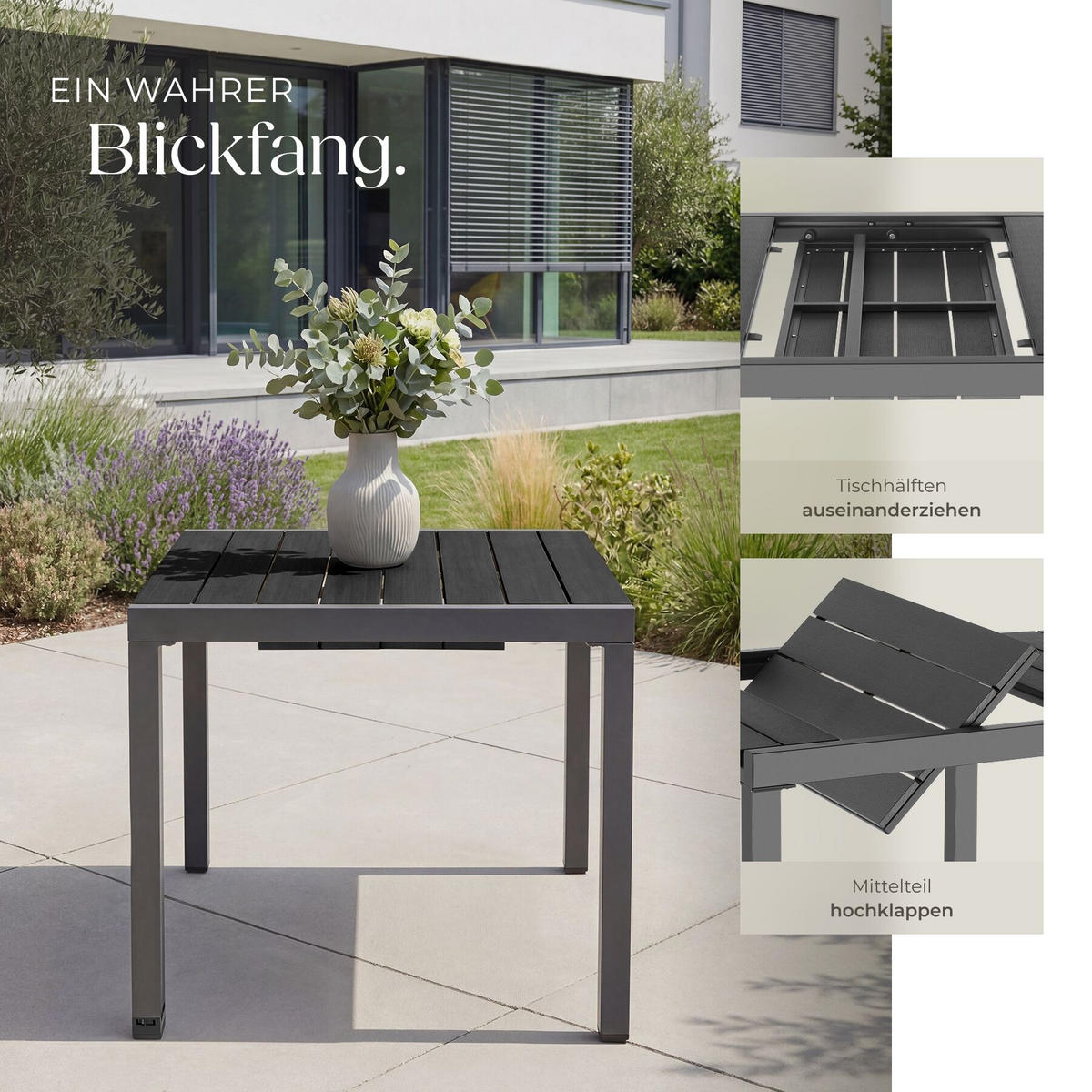 GARTENTISCH aus Aluminium Inca, 80–120 x 80 x 74 cm, schwarz - Schwarz, Kunststoff (120/80/74cm) - tectake