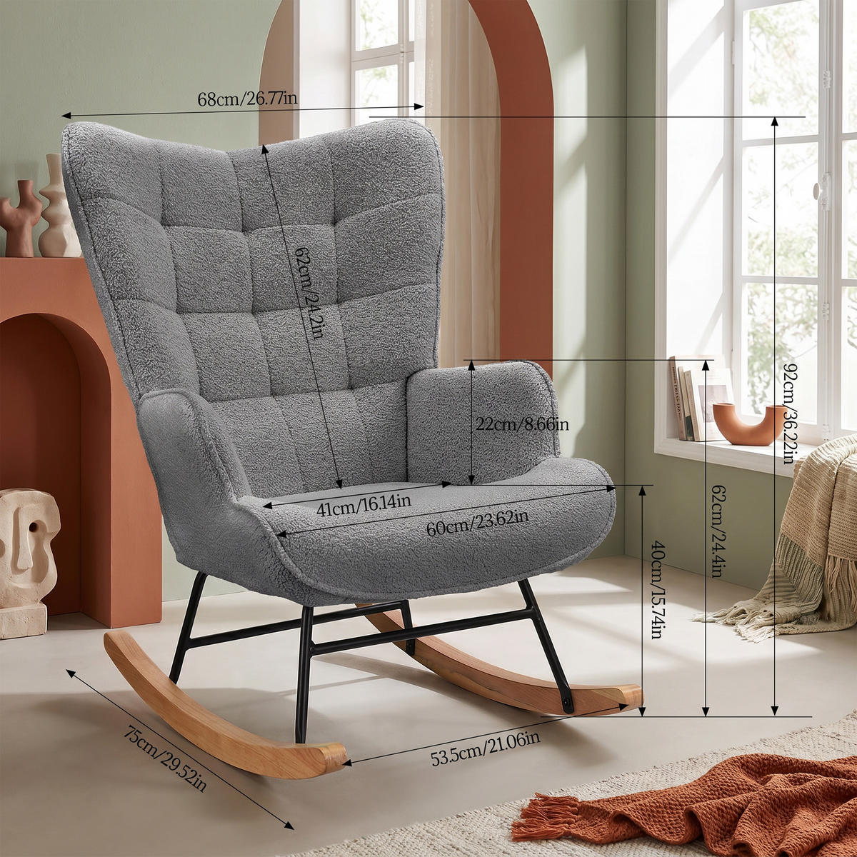 SCHAUKELSTUHL, Entspannend, Teddy-Velours, Belastbarkeit 120 kg, Dunkelgrau - Dunkelgrau/Kieferfarben, Holz/Textil (68/92/75cm) - GENKI LIVING