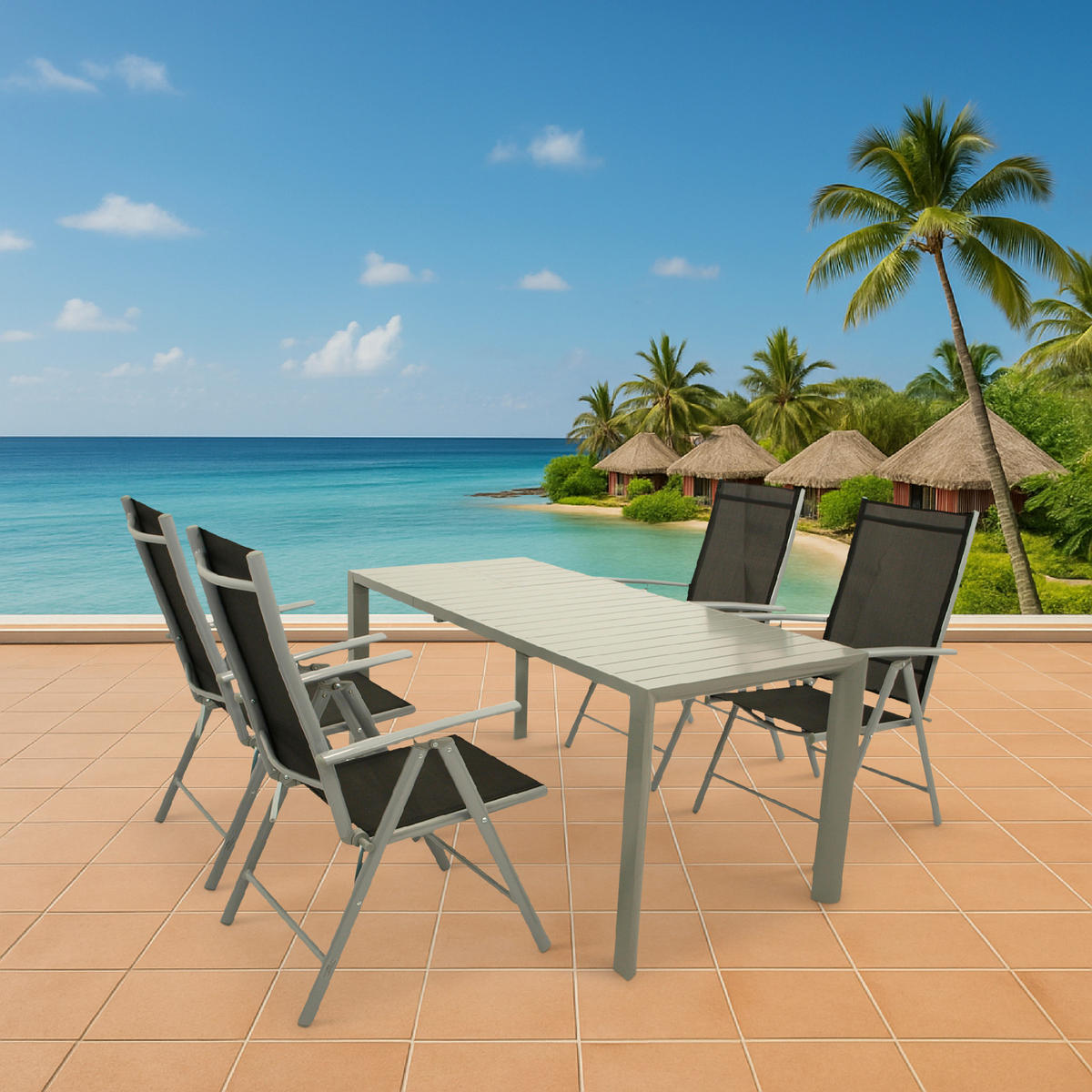 GARTEN-GARNITUR Sunderland - 5-teilige Garten-Essgruppe (4x Stapelsessel mit Aluminiumgestell, Bespannung Textillehne schwarz, Ausziehtisch - Schwarz, Metall - TPFGarden