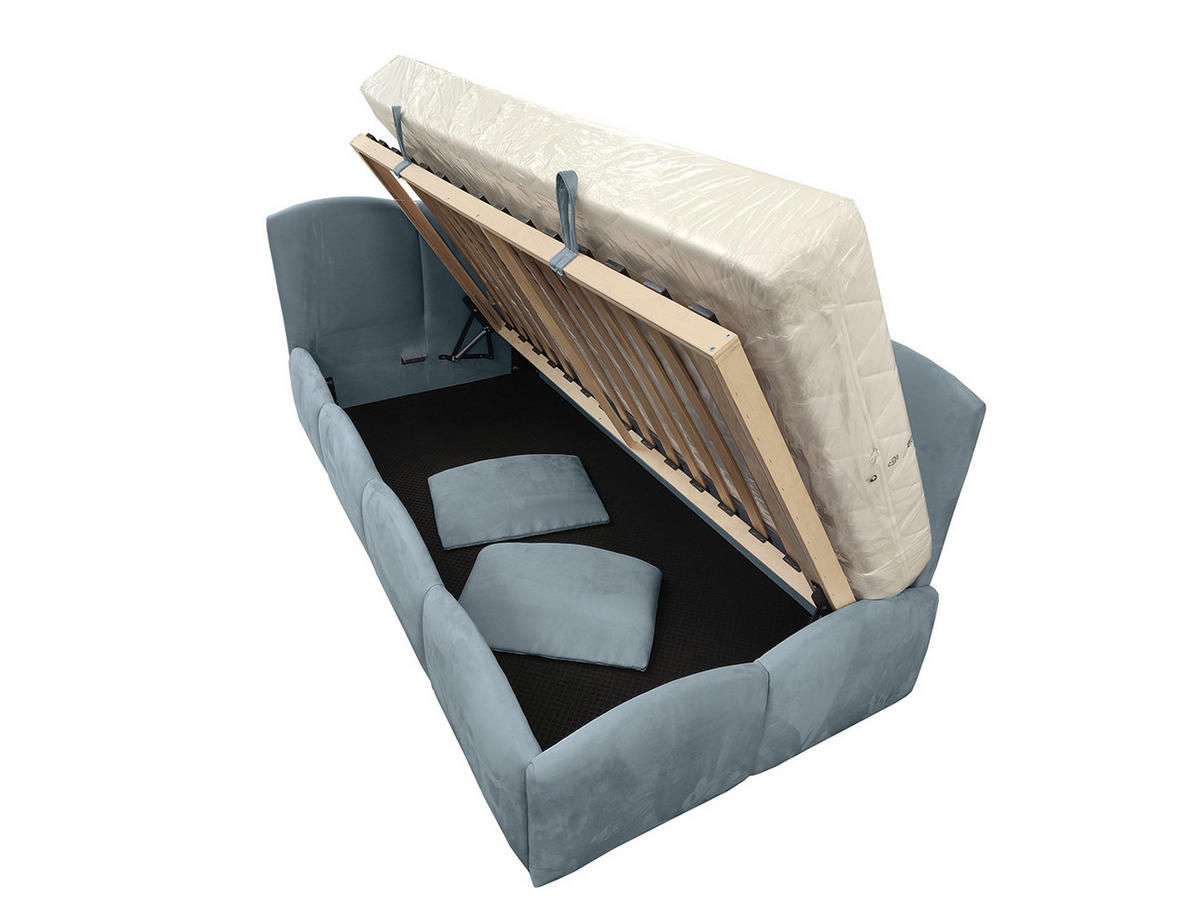 KINDERBETT TIM 90x200 links Hellblau mit Bettkasten & Rausfallschutz - Hellblau, Textil (90/200cm) - KS Home Concept