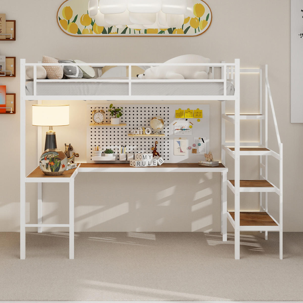 HOCHBETT 90/200 cm mit L-förmigem Schreibtisch, Treppe, Stauraum und umlaufendem Geländer, Weiß - Weiß, Metall (90/200cm) - Redom