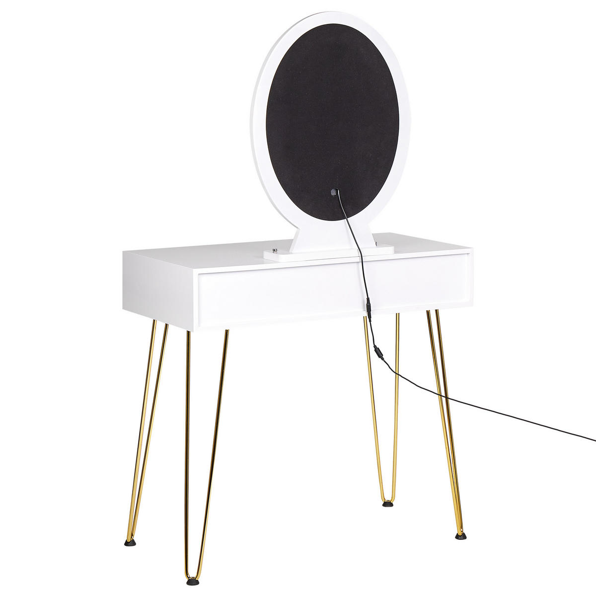 SCHMINKTISCH mit ovalem LED-Spiegel Hocker 2 Schubladen weiß/gold Caen - Goldfarben/Weiß, Holzwerkstoff (82/137/40cm) - Beliani